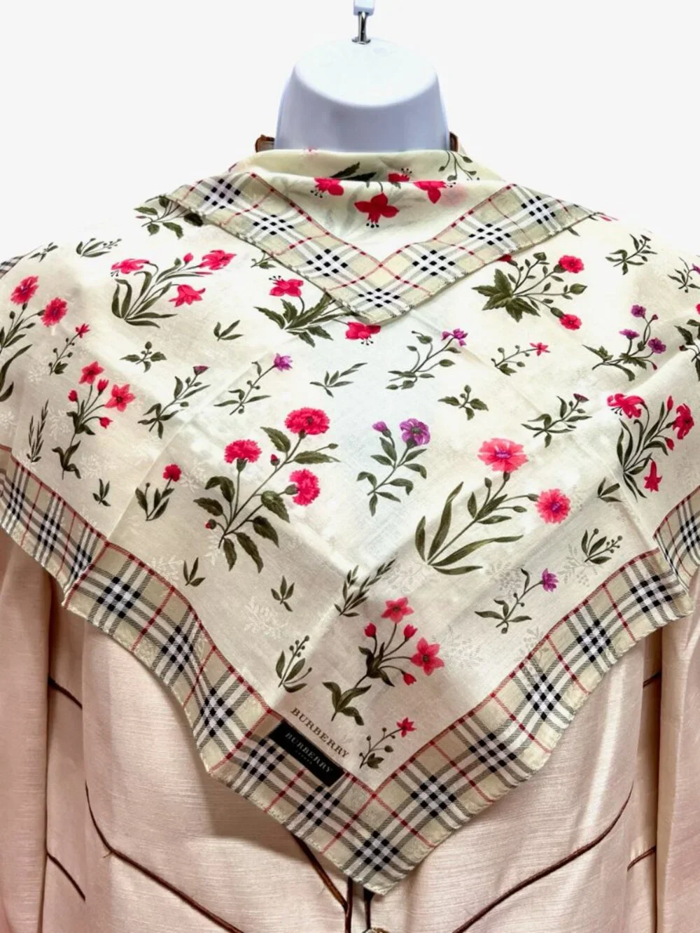 New   Burberry Neck-handker /Mini Scarf 19.5" Cotton Olive Gray Floral Check(77 - Picture 11 of 13